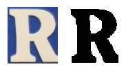 Binarizacija črke »R« v fazi predprocesiranja. Slika (levo) in njena binarna slika (desno).